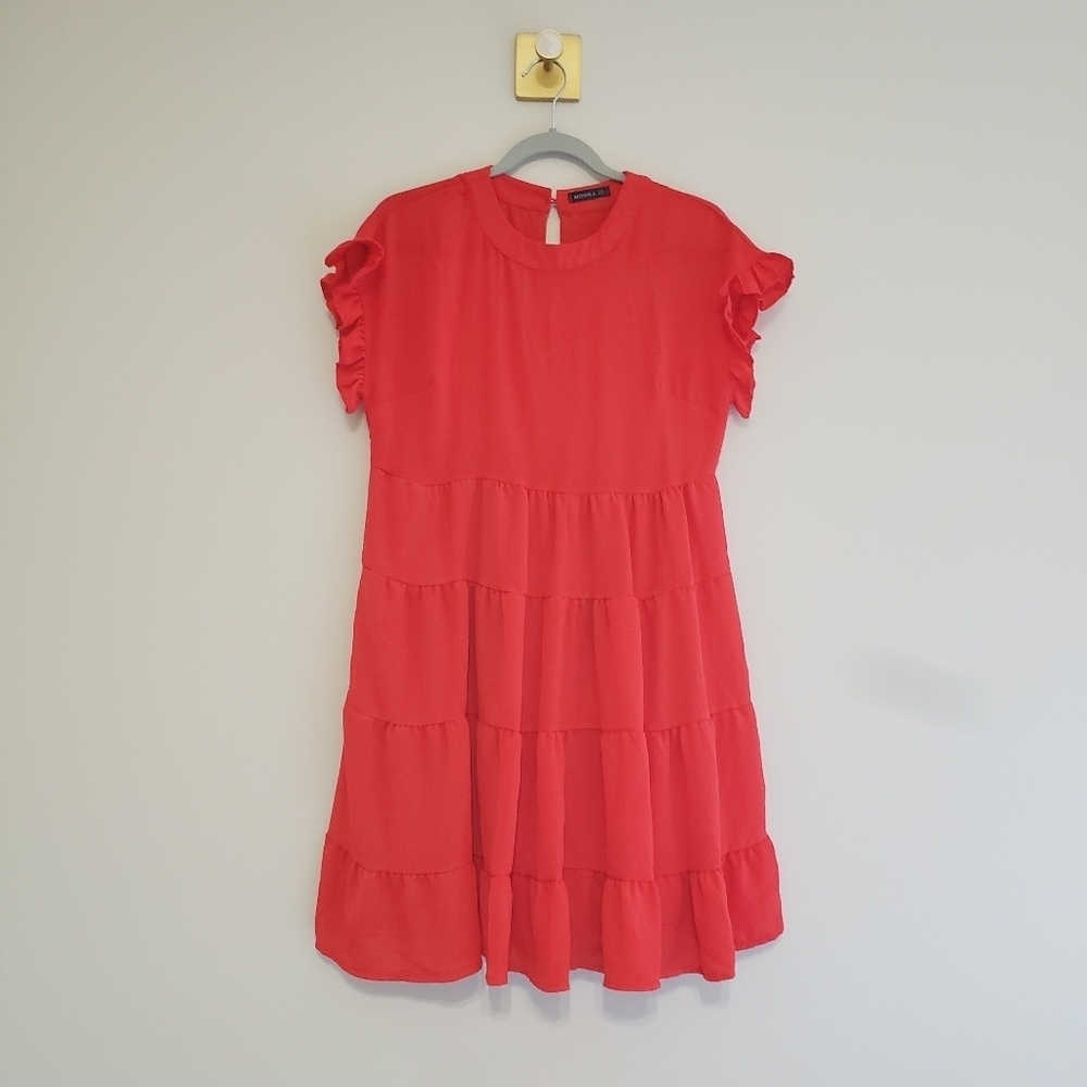MIHOLL Tiered Dress Small Red Ruffle Flutter Sleeve Preppy Girly Feminine Office
